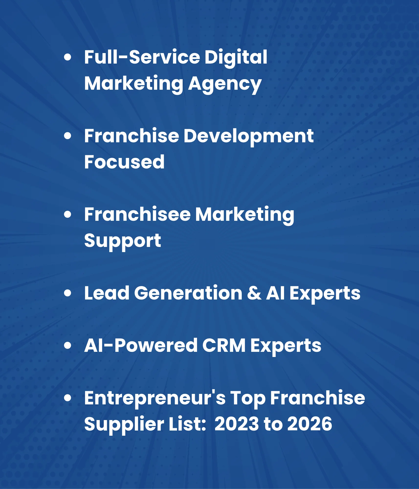 Lead Navigators: full-service digital marketing agency, franchise development focused, franchisee marketing support, lead generation and AI experts, AI-powered CRM experts, on Entrepreneur's Top Franchise Supplier List from 2023 to 2026